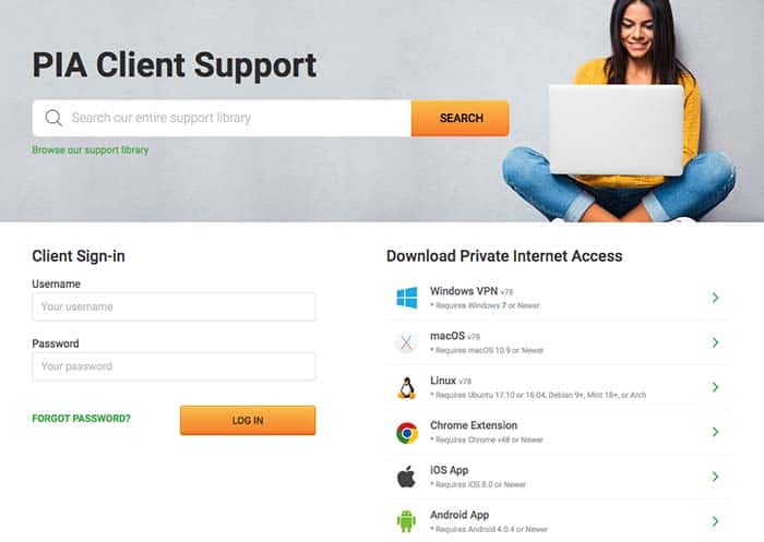 Private internet access VPN support